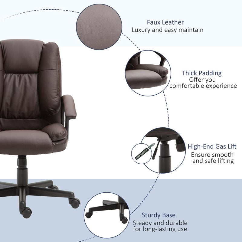 HOMCOM Office Chair, Computer Desk Chair, PU Leather Mid Back Executive Chair with Adjustable Height and Swivel Rolling Wheels for Home Study, Brown
