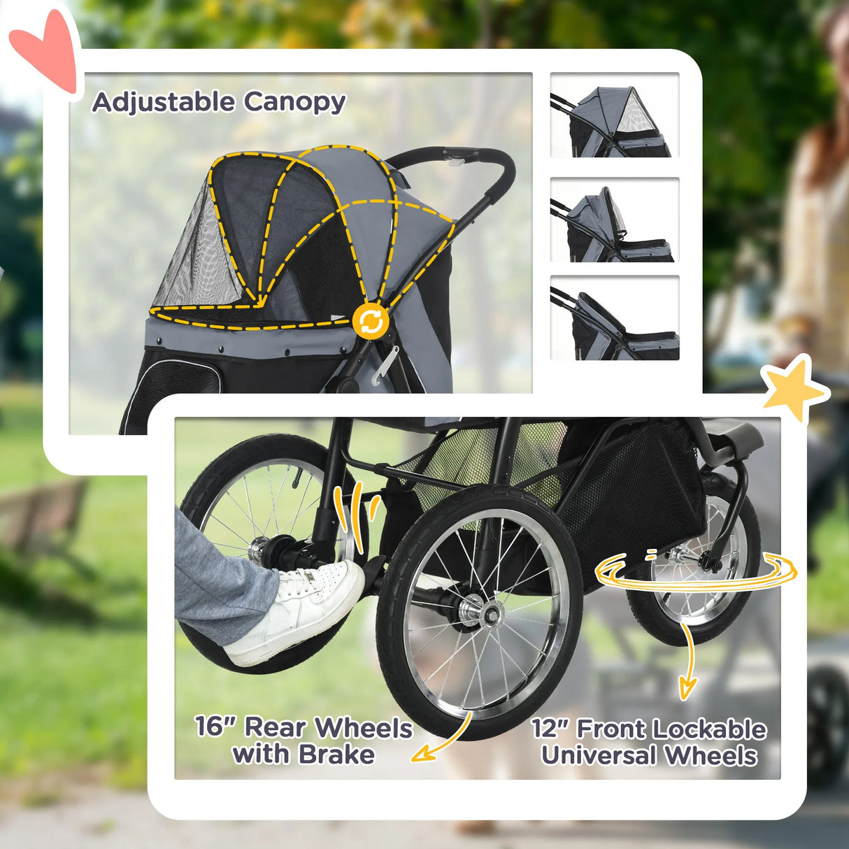 PawHut Foldable Pet stroller, Dog Buggy with Three Wheels, for Small/Medium Dogs, Grey