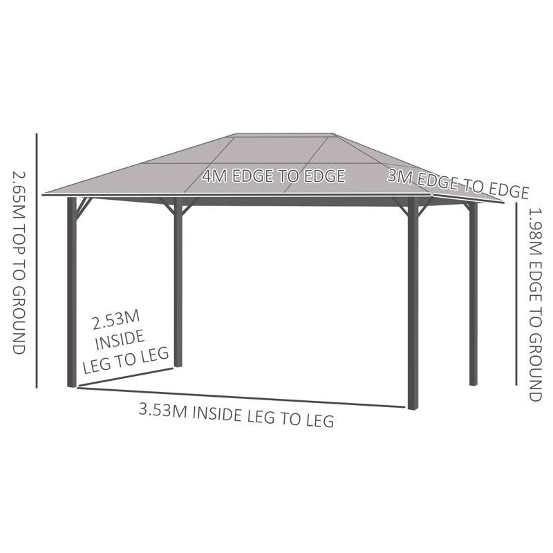 Outsunny 3 x 4m Garden Aluminium Gazebo Hardtop Roof Canopy Marquee Party Tent Patio Outdoor Shelter with Mesh Curtains & Side Walls - Grey