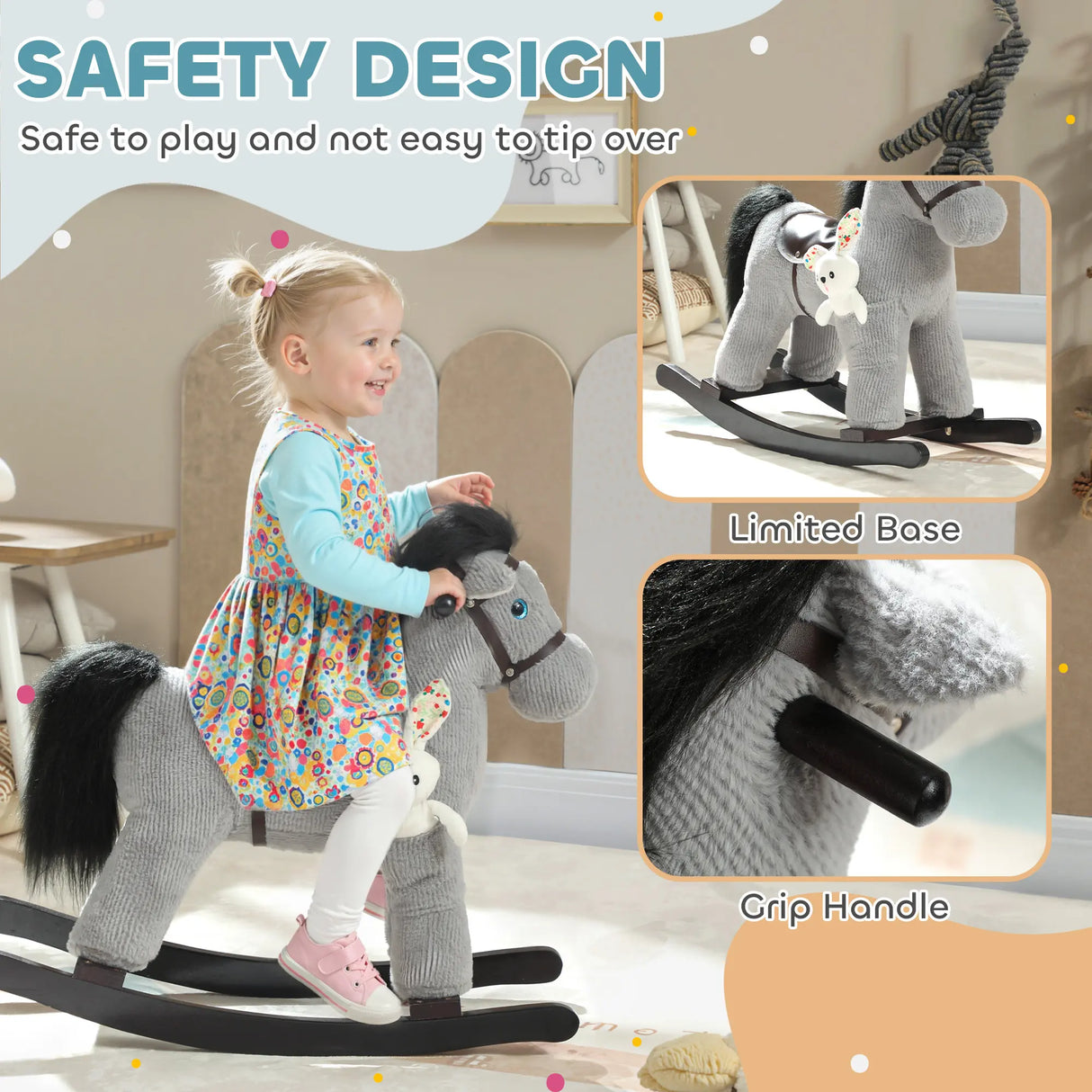 AIYAPLAY Baby Rocking Horse, Plush Ride on Toy with Handle Grip, Sound and Doll, Toddler Animal Rocker for Kids Aged 25, Grey