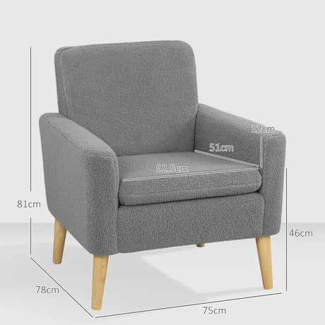 HOMCOM Armchair, Upholstered Accent Chair with Wood Legs and Wide Padded Seat, Teddy Occasional Chair, Grey