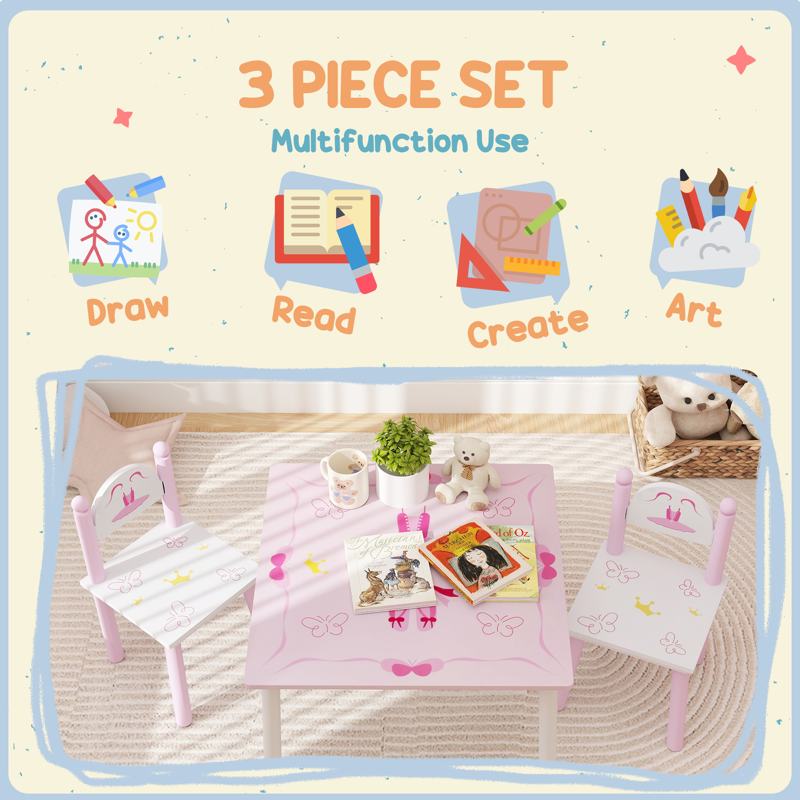 AIYAPLAY Princess Design Kids Table and Chairs Set for Activity, Art, Drawing, Toddler Table and Chairs Set for Playroom, Nursery