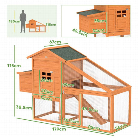 PawHut Wooden Chicken Coop with Run, Nesting Box, Slide-out Tray, Ramp, Perches, Asphalt Roof, 179 x 67 x 115cm