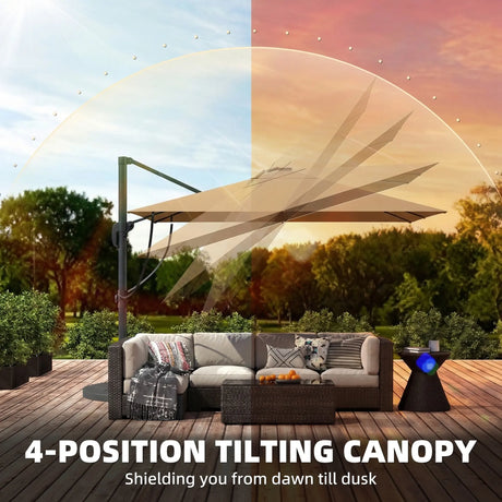 Outsunny 3 x 3 m Garden Cantilever Parasol with Light, Cover, Overhanging Umbrella w/ Wind Protection, 360 Rotation, Khaki