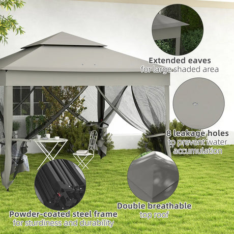 Outsunny 3 x 3(m) Pop Up Gazebo, Double-roof Garden Tent with Netting and Carry Bag, Party Event Shelter for Outdoor Patio, Dark Grey