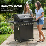 Outsunny 6+1 Burner Gas BBQ Grill, Outdoor Barbecue Trolley with Wheels, Warming Rack, Thermometer, Bottle Opener, Black