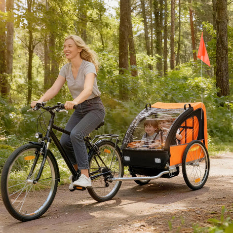 HOMCOM 2 Seat Bike Trailer Bicycle wagon for Kids Child Steel Frame Safety Harness Seat Carrier Orange Black 130 x 76 x 88 cm