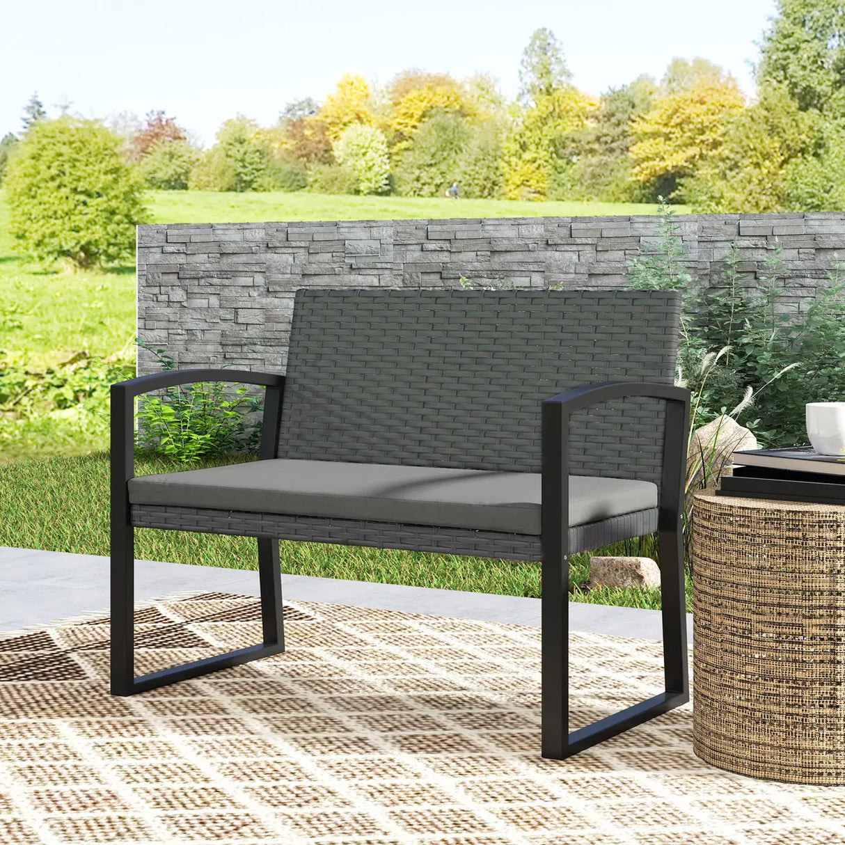 Outsunny Two-Seater Rattan Garden Bench - Light Grey