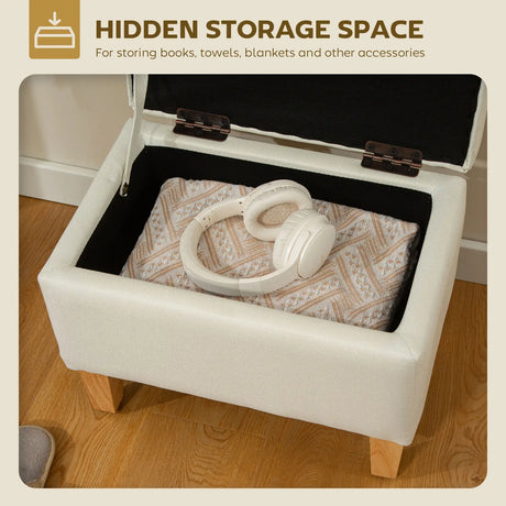 HOMCOM 16L Linen Storage Ottoman Padded Footstool with Rubberwood Legs for Storage Box, Bed End, Shoe Bench, Seating, Beige