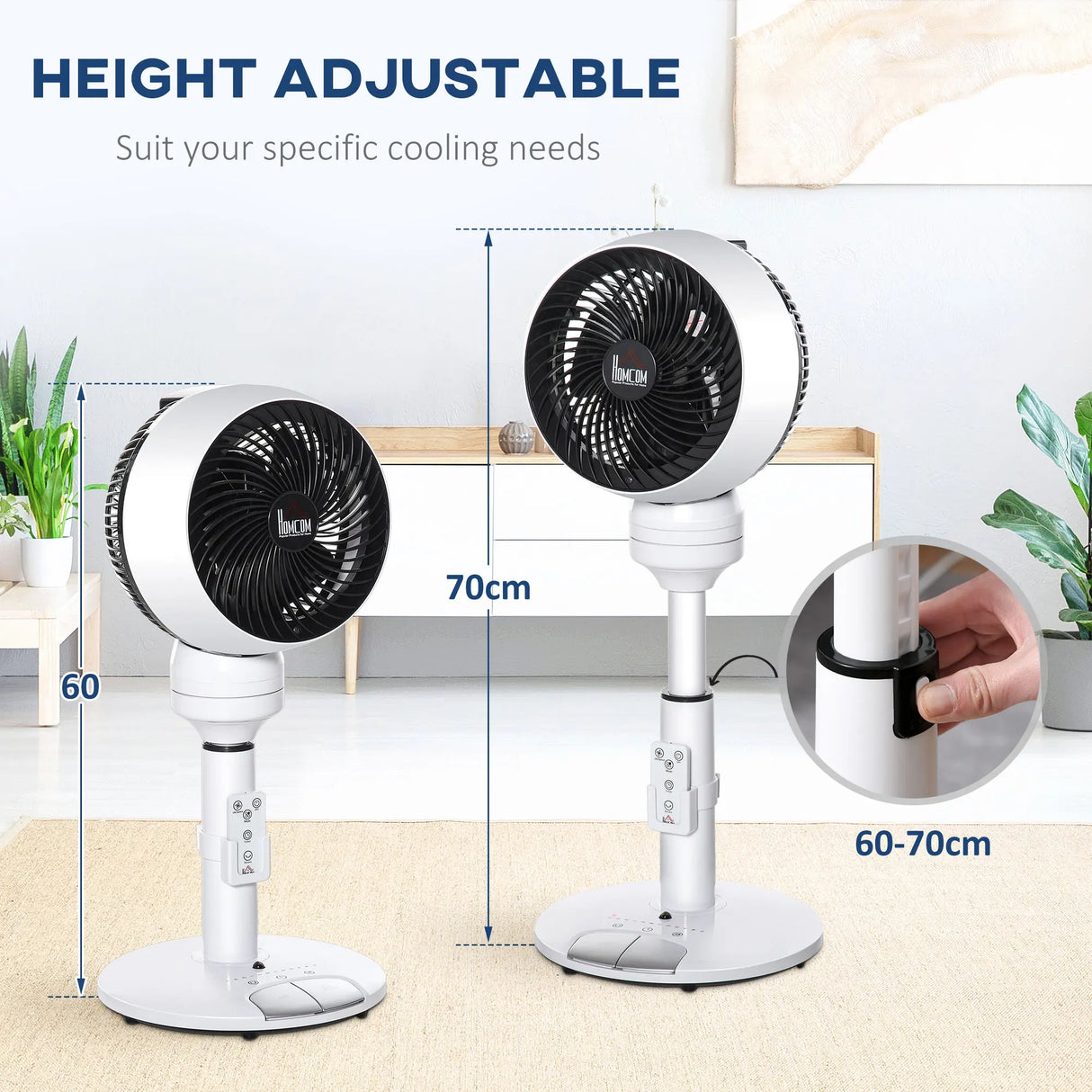 HOMCOM 9'' Air Circulator Fan 3 Speed 3 Mode, 70 Oscillation 90 Vertical Tilt, Height Adjustable, Remote Controller, for Living Room, Bedroom, Office, Black and White