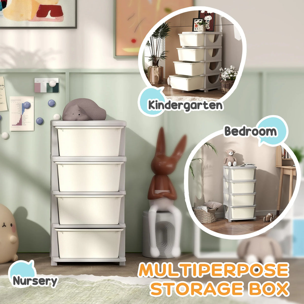 HOMCOM Four-Tier Kids Storage Boxes, with Four Drawers - White