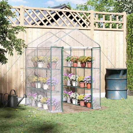 Outsunny Walk in Greenhouse with 3-Tier 8 Shelves, Green House with Hemmed Cover, Roll-up Zipped Door, Steel Frame, 143 x 143 x 195cm