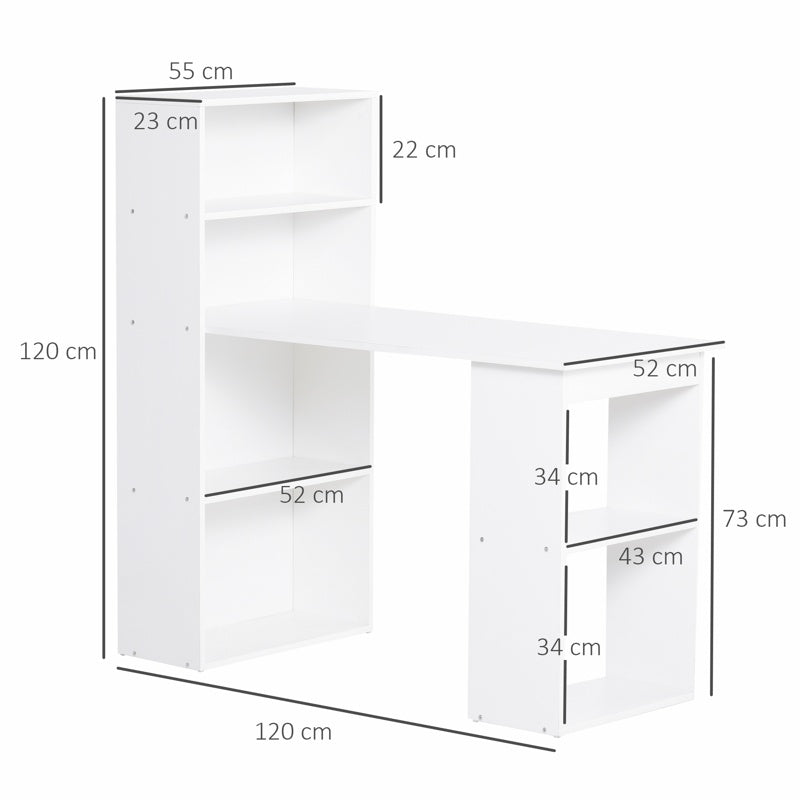 HOMCOM 120cm Modern Computer Desk Bookshelf Study Table Workstation PC Laptop Writing Home Office 6 Shelves White