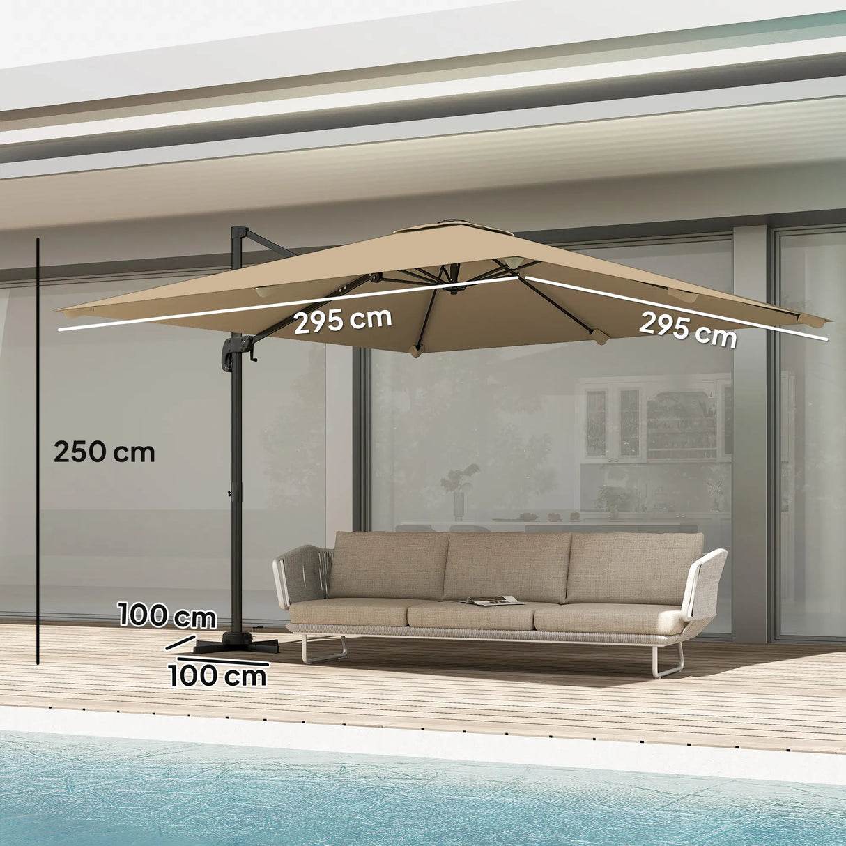 Outsunny 3 x 3 m Cantilever Parasol, Square Patio Umbrella with Crank Handle, Cross Base, Tilt, 360 Rotation, Khaki