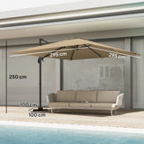 Outsunny 3 x 3 m Cantilever Parasol, Square Patio Umbrella with Crank Handle, Cross Base, Tilt, 360 Rotation, Khaki