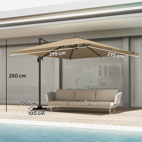 Outsunny 3 x 3 m Cantilever Parasol, Square Patio Umbrella with Crank Handle, Cross Base, Tilt, 360 Rotation, Khaki