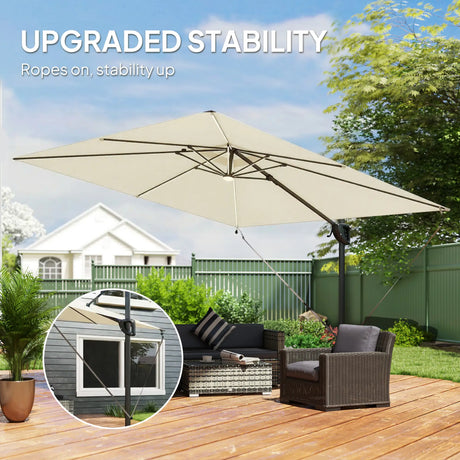 Outsunny 3 x 3 m Garden Cantilever Parasol w/ Light, Cover, UPF50+ Patio Umbrella w/ Wind Protection, 360 Rotation, Cream White
