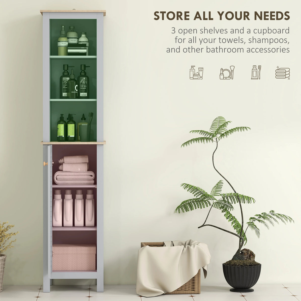 kleankin Bathroom Floor Storage Cabinet with 3 Tier Shelf and Cupboard with Door, Free Standing Linen Tower, Tall Slim Side Organizer Shelves, Grey