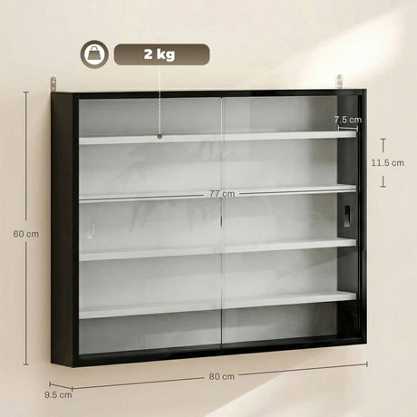 HOMCOM 5-Tier Wall Display Cabinet,  Wall Mounted Display Case w/ 4 Adjustable Shelves, Glass Doors, 60x80cm, Black and White