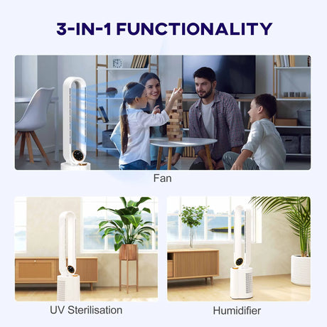 HOMCOM Multi-Mode Bladeless Tower Fan and Humidifier - White