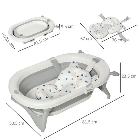 HOMCOM Foldable Baby Bathtub Set, Collapsible Bath Tub with Thermostatic Water Plug, Non-Slip Support, Cushion Pad, Drain Plugs, for Newborn to 3 Years - Offwhite