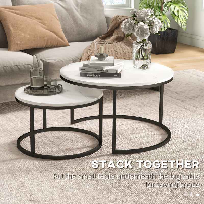 HOMCOM Set of Two Marble-Effect Stacking Tables - Black/White