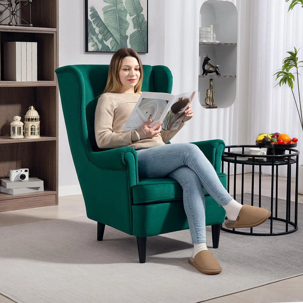HOMCOM Modern Accent Chair, Upholstered Wingback Armchair with High Backrest and Pillow, Velvet-Feel Fabric Reading Chair with Solid Wood Legs for Living Room, Bedroom, Home Office, Dark Green