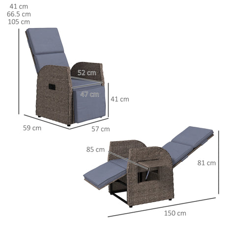 Outsunny 148 Reclining Rattan Garden Armchair, with Footrest - Brown/Grey