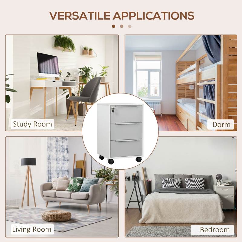 HOMCOM 3-Drawer Lockable Filing Cabinet, File Cabinet on Wheels, Mobile Office Storage Drawers for Home Office, Bedroom and Living room, White and Grey