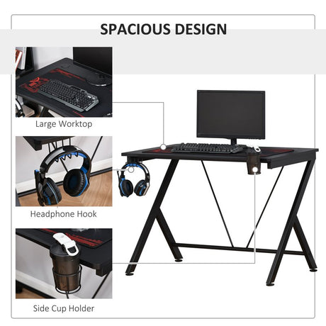 HOMCOM Gaming Desk, 108 x 66cm Computer Table Metal Frame with Cup Holder, Headphone Hook, Cable Hole, for Small Spaces, Black