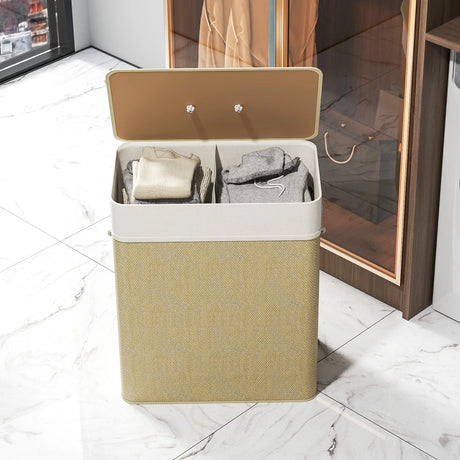 HOMCOM Double Laundry Basket with Lid, 100L Bamboo Laundry Hamper with Rope Handles, Washing Basket with Removable Liner for Bathroom, Bedroom, Cream White