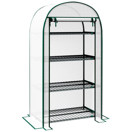 Outsunny 80 x 49 x 160cm Mini Greenhouse for Outdoor, Portable Gardening Plant Green House with Storage Shelf, Roll-Up Zippered Door, Metal Frame and PE Cover, White