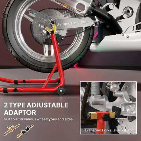 HOMCOM Motorcycle Rear Wheel Stand, 544 kg Capacity Heavy Duty Steel Motorbike Motorcycle Paddock Stand Lift with Adjustable U + L Forks, Wheels, Non-Slip Pads for Workshop Garage Repair, Red