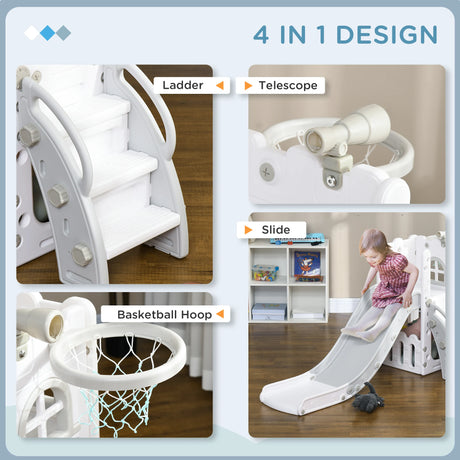 AIYAPLAY 4 in 1 Toddler Slide with Basketball Hoop, Climber, Telescope, Storage Basket, for Ages 1-3 Years, Grey