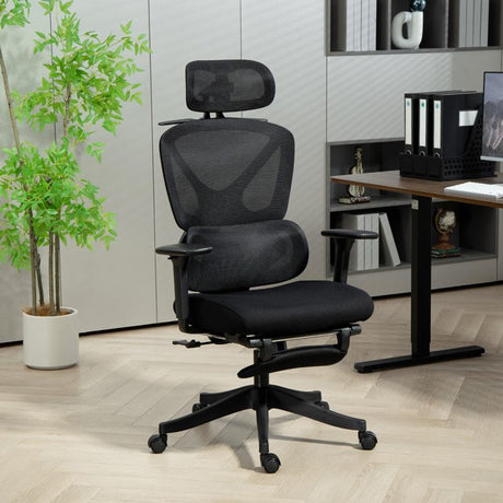 HOMCOM Executive Office Chair, Ergonomic Mesh Desk Chair with 3D Armrests, Rotatable Headrest, Adjustable Lumbar Support, Recliner Computer Swivel Chair with Footrest for Home Office, Black