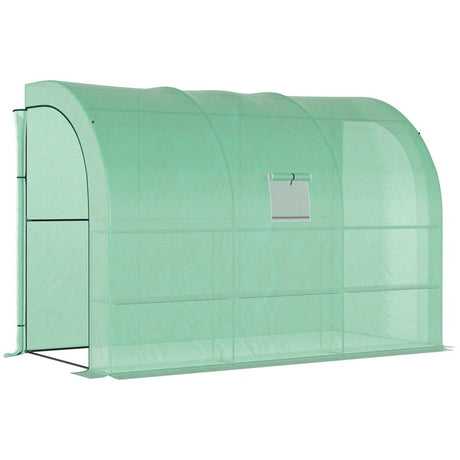 Outsunny Walk-In Lean to Greenhouse with Windows and Zippered Doors, 2 Tiers 6 Wired Shelves 300L x 150W x 213Hcm Green