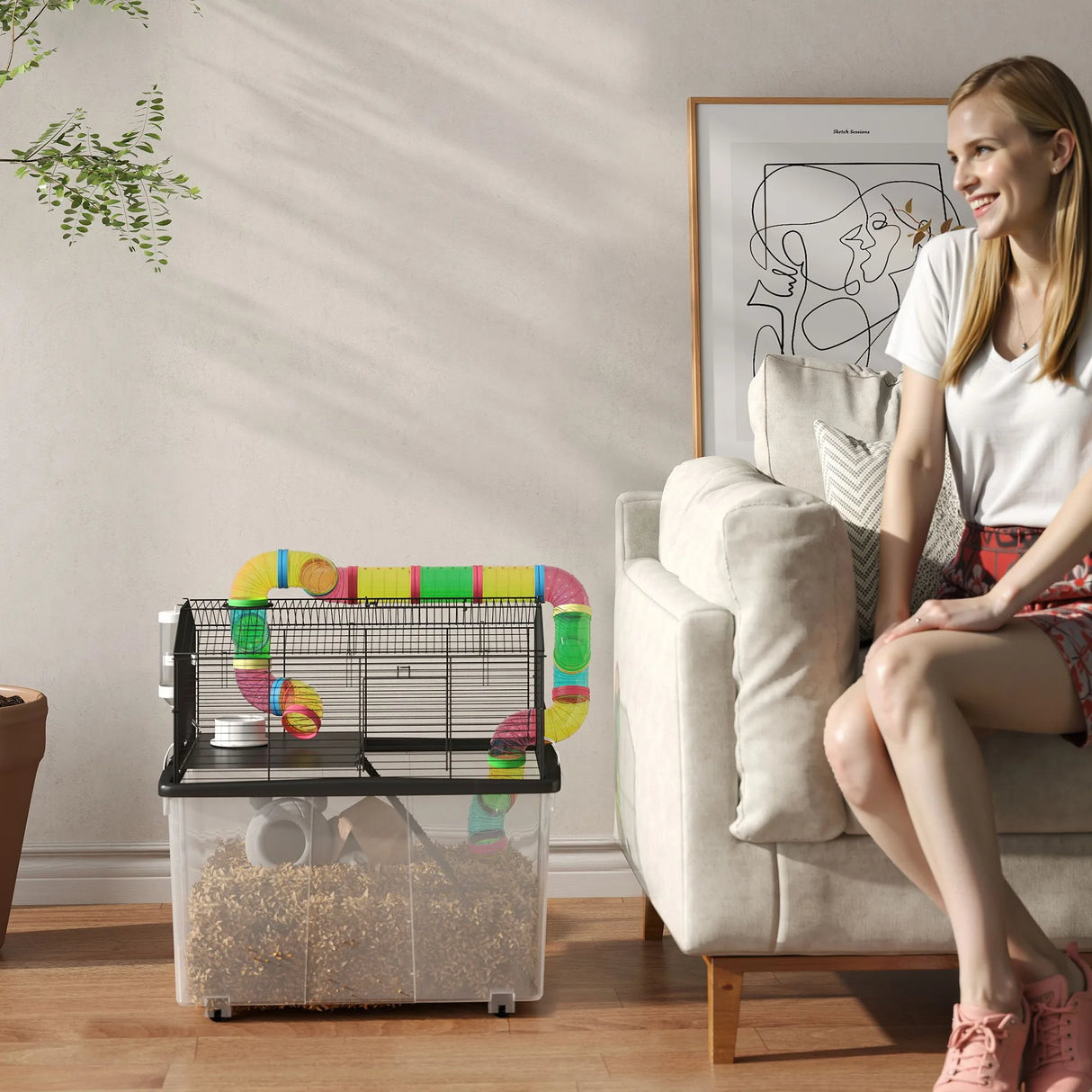 PawHut Two-Tier Hamster Cage with 31cm Deep Tray, Tube System, Water Bottle, Ramp, Feeding Bowl, Multicoloured