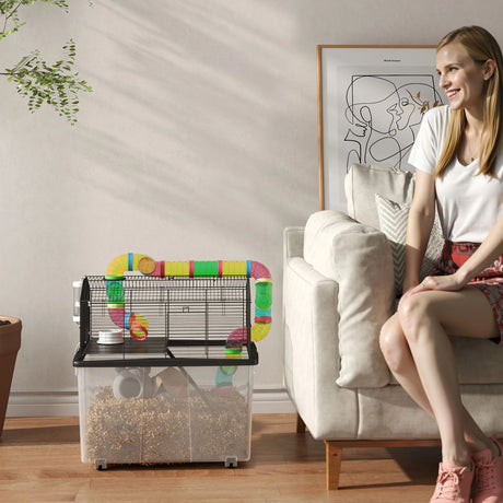 PawHut Two-Tier Hamster Cage with 31cm Deep Tray, Tube System, Water Bottle, Ramp, Feeding Bowl, Multicoloured