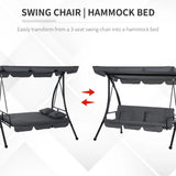 Outsunny Outdoor 2-in-1 Swing Chair Lounger 3 Seater Garden Swing Seat Bed Convertible Tilt Canopy W/ Cushion, Dark Grey