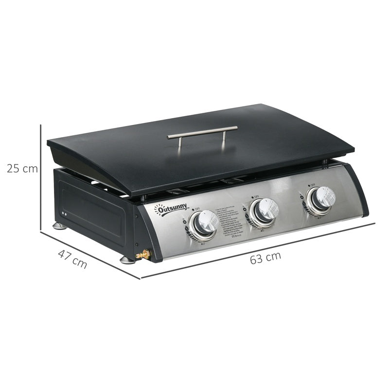 Outsunny 3 Burner Gas Plancha BBQ Grill with Lid, Black