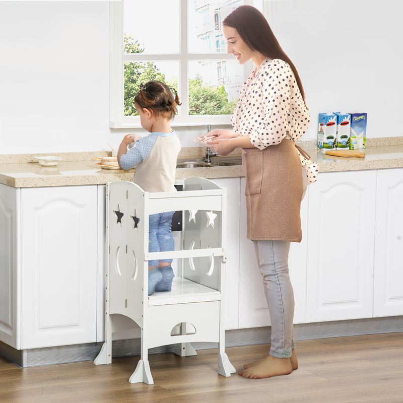 HOMCOM Kids Step Stool Toddler Kitchen Stool with Blackboard Lockable Handrail for Kids Kitchen Counter White