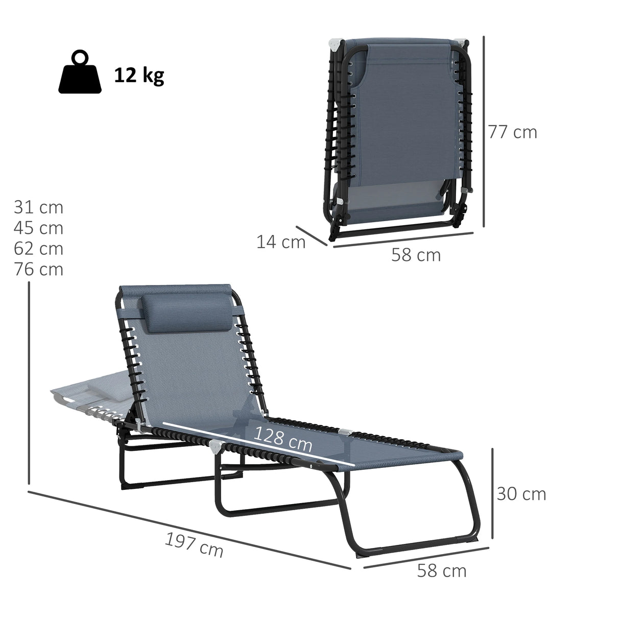 Outsunny Set of Two Folding Sun Loungers, with Four-Position Backs - Grey
