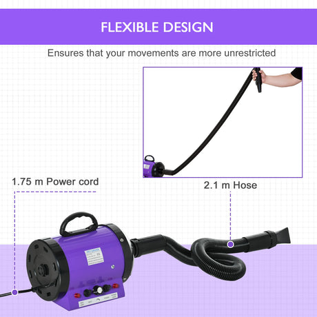 PawHut Dog Hair Dryer Pet Grooming Blaster Dryer Blower Adjustable Temperature Speed with 2.1M Flexible Hose 3 Nozzles - Purple