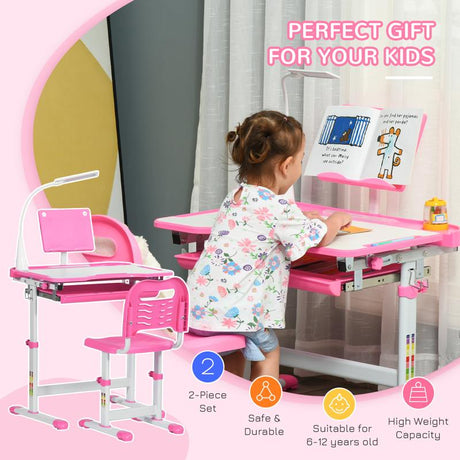 HOMCOM Kids Study Desk and Chair Set w/ Adjustable Height, Storage, Drawer, Pink