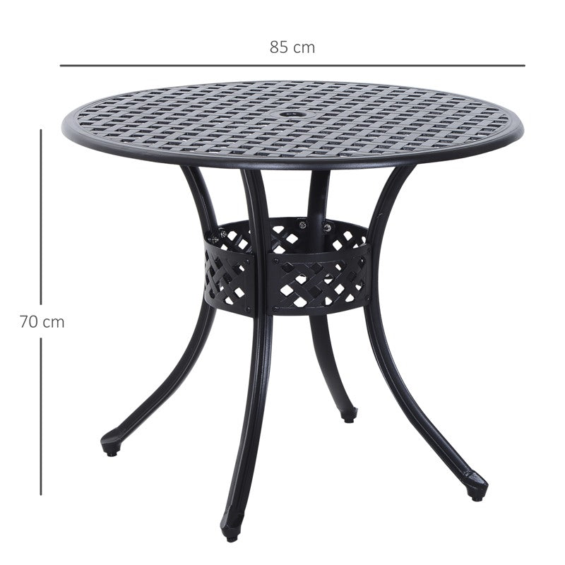 Outsunny 85cm Round Garden Table with Umbrella Hole, Aluminium Grid Motif Outdoor Dining Table for Garden Patio, Black