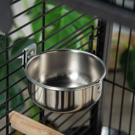 PawHut 156cm Bird Cage,Large Parrot Cage with Open Play Top, Perch, Seed Guard, Wheels, Storage Shelf, Dark Grey