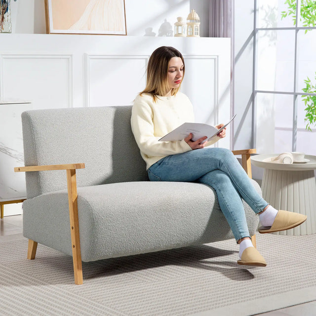 HOMCOM Small Sherpa Fabric 2 Seater Sofa Settee - Light Grey