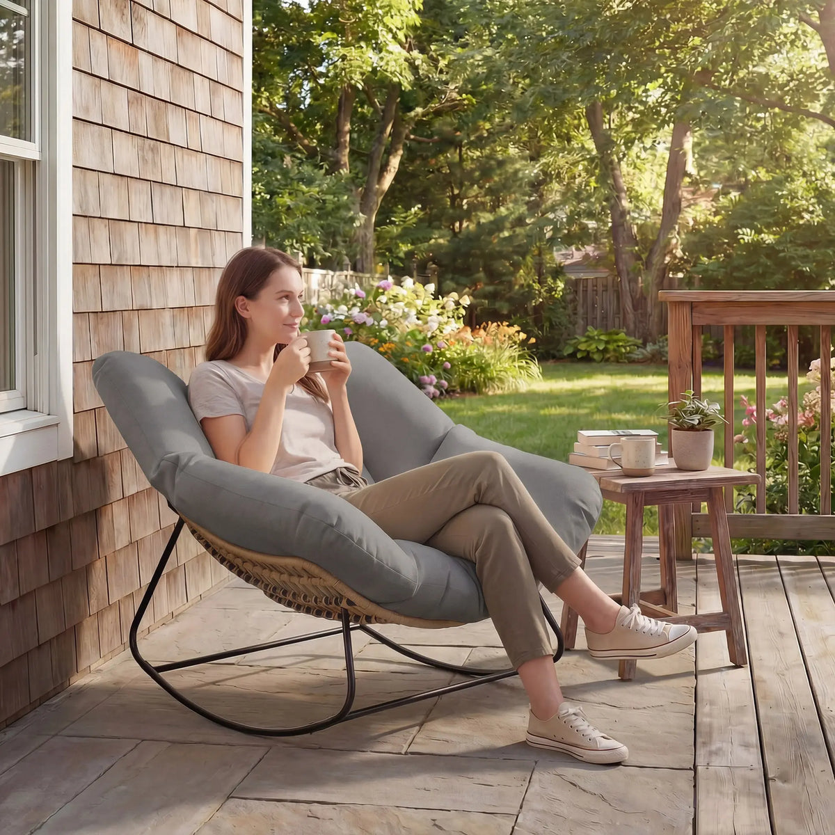 Outsunny Indoor Outdoor Rocking Chair, Oversized Rocking Egg Chair with Cushion for Living Room, Garden, Patio, Grey