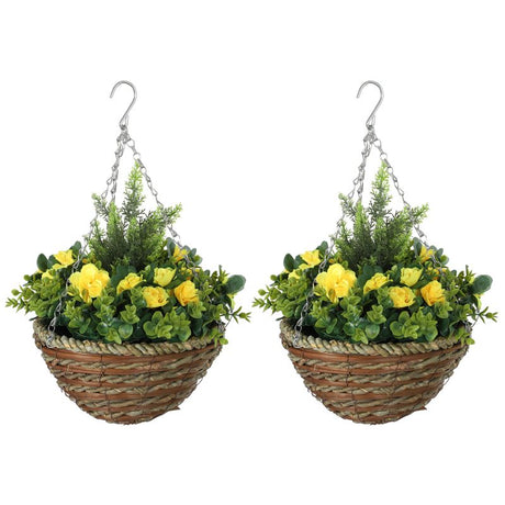 Outsunny Pack of 2 Faux Plant Artificial Lisianthus Flowers Hanging Planter with Basket for Indoor Outdoor Decoration, Yellow