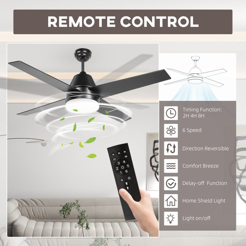 HOMCOM Ceiling Fan with LED Light, Flush Mount Ceiling Fan Lights with Reversible Blades, Remote, Black and Walnut Brown